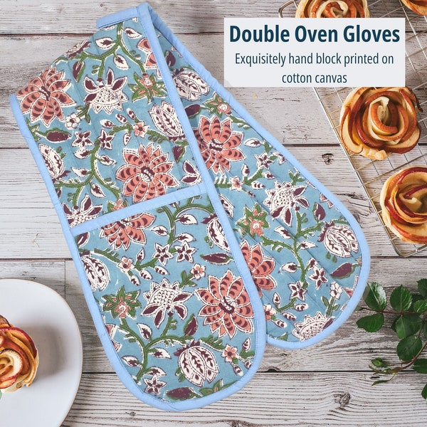 Double Oven Gloves Hand Block Print Fun bright floral oven gloves Organic cotton Matching apron & tea towels available Mothers Day Gift