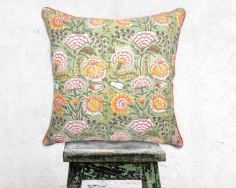 Floral hand block print cushion cover Green Tangerine & burnt orange Piping edge 100% organic high density cotton 50 x 50 cm Hidden zip