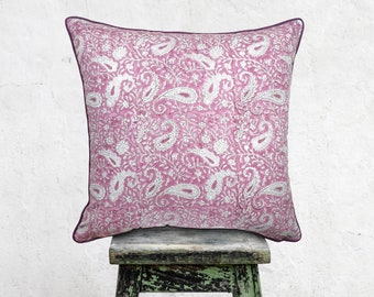 Block print cushion cover Floral paisley Chic Paris pink Two sizes 40 x 40 cm  & 50 x 50 cm Double sided Hidden zip High density cotton