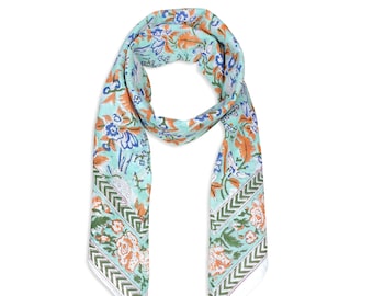 Chusta kwadratowa, bandana w stylu boho chic, miękka, organiczna muślinowa bawełna, chusta z nadrukiem blokowym, 105 x 105 cm, duża chusta na głowę z kwiatowym wzorem, chusta na szyję