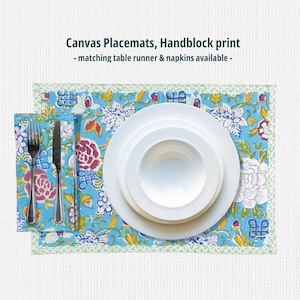 Elegant hand printed placemats Hand block print cyan blue / maroon floral table mats pure cotton canvas Matching napkins & runner available