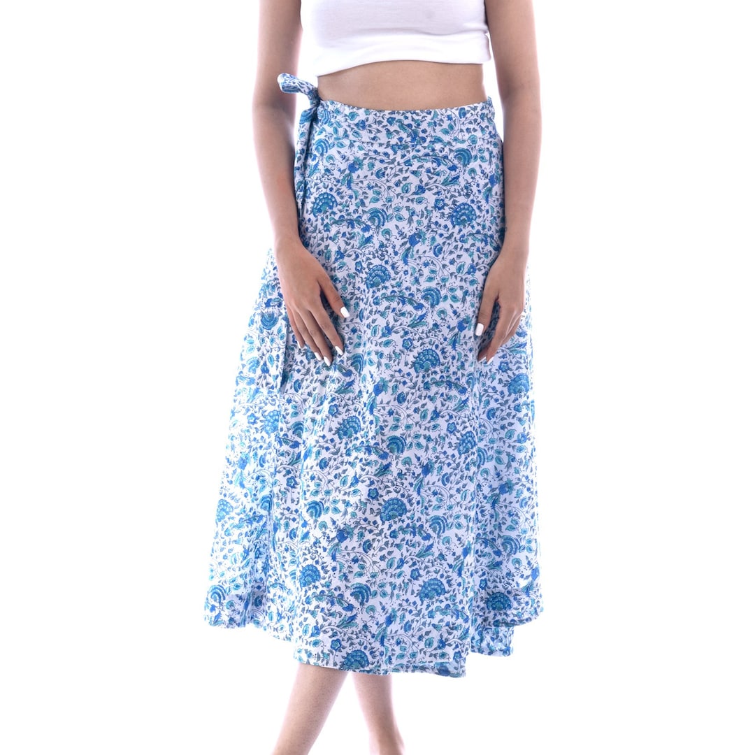 Flounce Midi Wrap Skirt Dark Blue Patterned