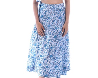 Boho midi wrap skirt Hand block print skirt Blue & Green floral print Skirt Soft 100% organic cotton skirt Free size Resort wear Beach wear