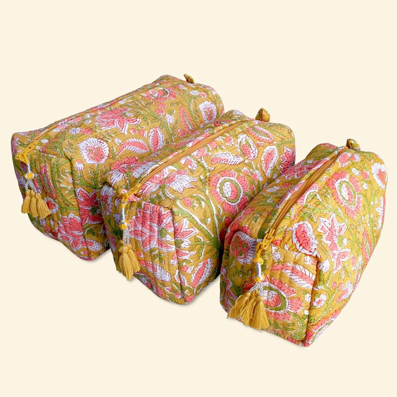 Toiletry Bag Set: Hand Block Print, Cosmetic Bag, Makeup Bag, Wash Bag for Women, Travel Pouch, Waterproof Olive yellow & Pink