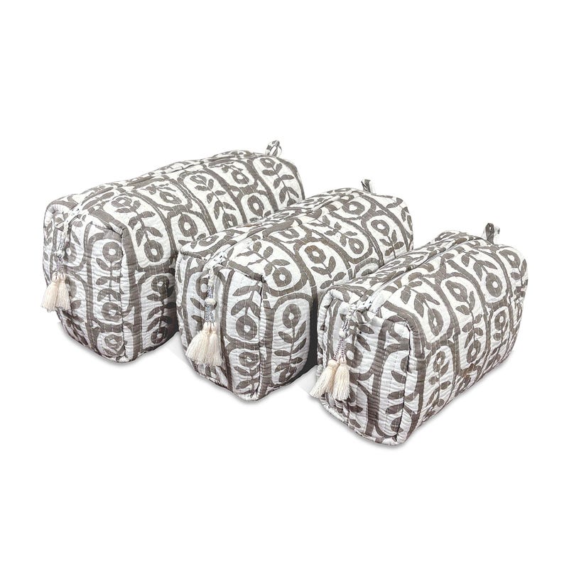 Toiletry Bag Set: Hand Block Print, Cosmetic Bag, Makeup Bag, Wash Bag for Women, Travel Pouch, Waterproof Brown Flowericon