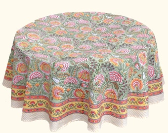 Round Tablecloth: Block Print, Organic cotton Green & Orange Table cloth, 180 cm /  220 cm diameter