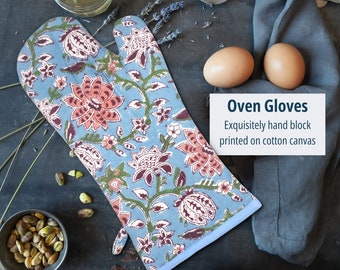 Oven gloves Hand Block Print Fun floral oven glove cotton canvas oven mitt pot holder matching tea towels apron handcrafted Mothers Day Gift