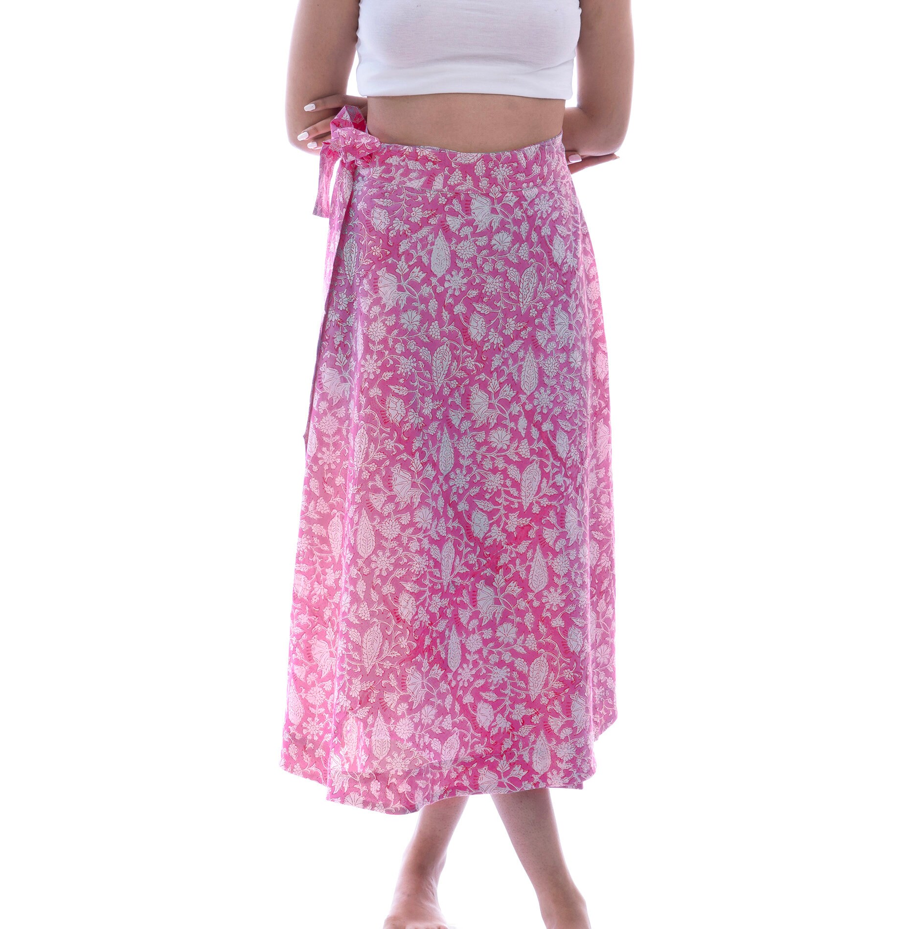 Women's Orange Satin Wrap Midi Skirt with Abstract Print - Boho Style