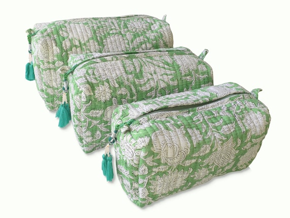 Quilted Cosmetic Bag: Block Print, Makeup Bag, Toiletry Bag, Set of 3, Wash Bag for Women, Waterproof