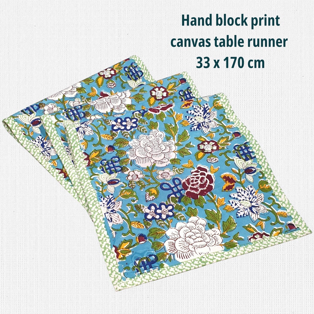 Hand Block Print Table Runner Cyan Blue & Maroon 100 Cotton Canvas