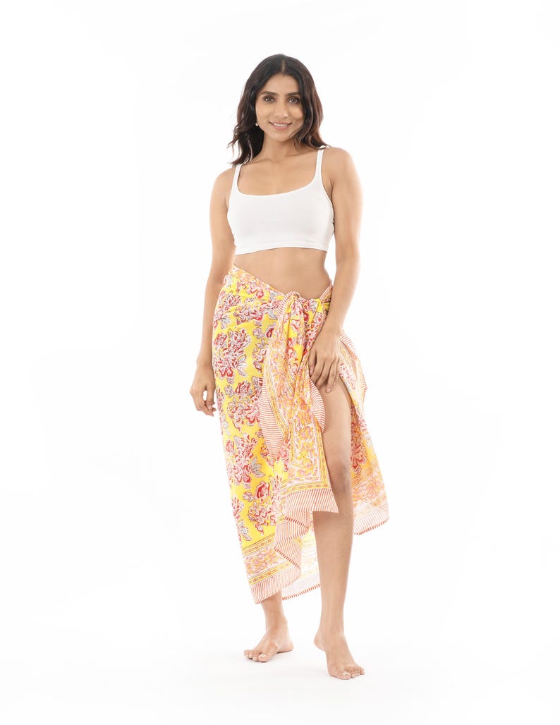 Pure cotton sarong, Hand block Print, Soft muslin, Peachy yellow, Pareo, Beach Cover up, Beach Wrap, Beach dress Yellow & Red Floral