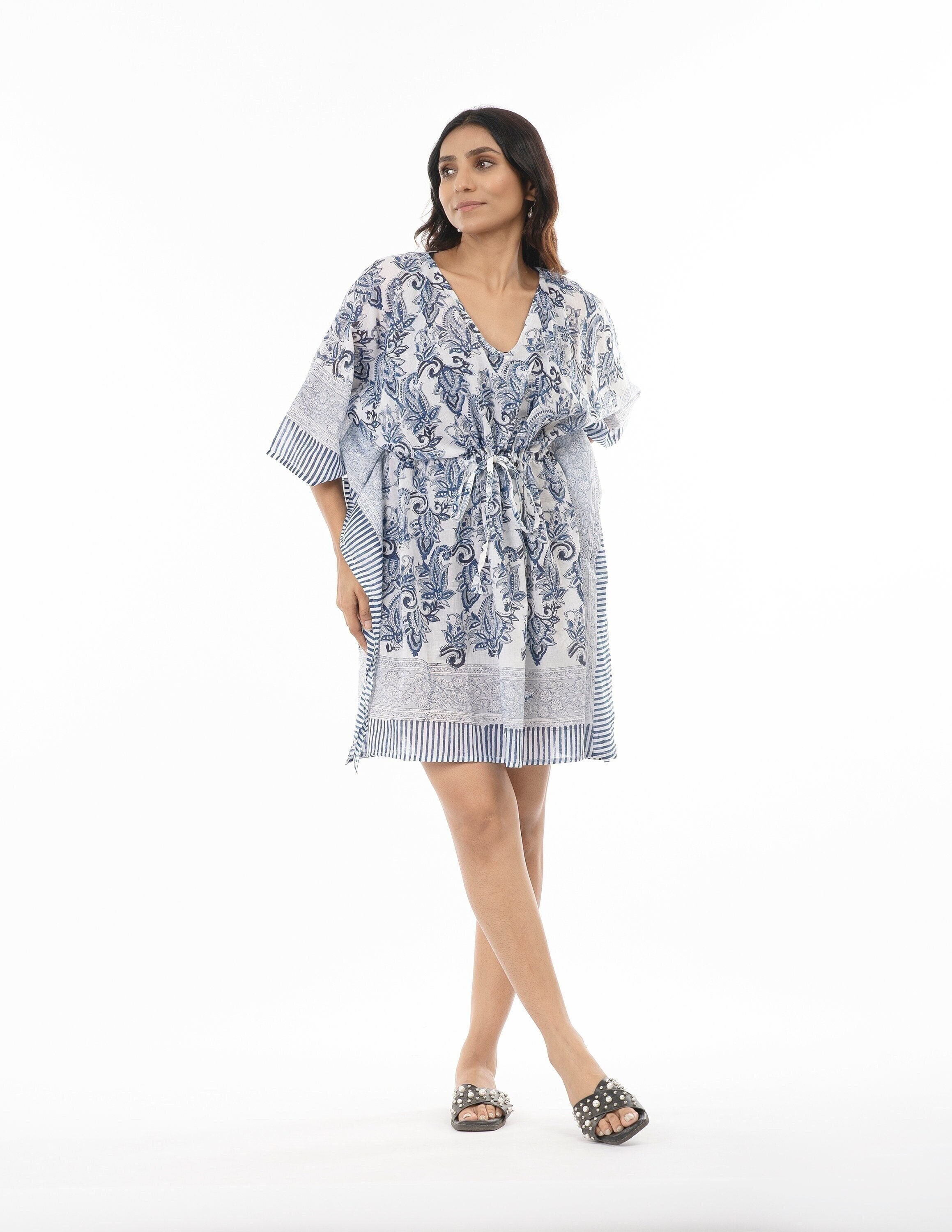 Boho chic Kaftan Block Print Kaftan Soft light pure cotton muslin Kaftan Beach Cover up Blue & White Kaftan Beach Dress Short Kaftan