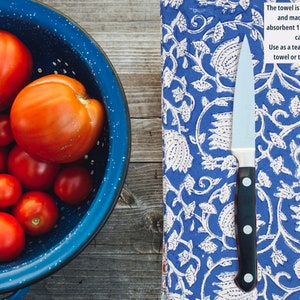 Deep bluefloral hand block printed tea towel/ kitchen towel in pure organic cotton duck canvas
