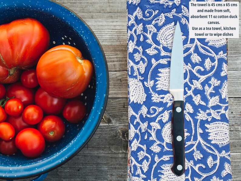 Deep bluefloral hand block printed tea towel/ kitchen towel in pure organic cotton duck canvas