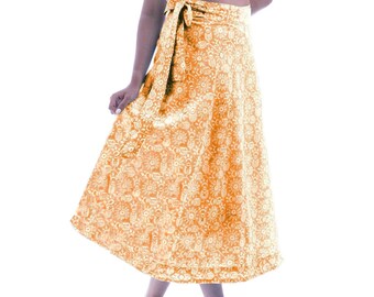 Boho midi wrap skirt, Block print skirt, Tuscan Yellow, Soft light organic cotton, Flowy summer skirt, High Waisted Skirt, Beach Wear