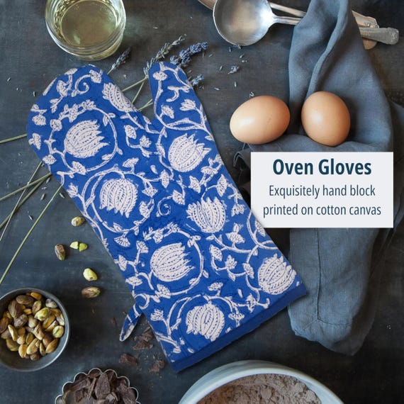 Oven Gloves: Block Print, Fun & Bright, Thick cotton wadding, Oven Mitts, Set of 2 Mitts, Matching tea towels and apron, Set of 2 Mitts
