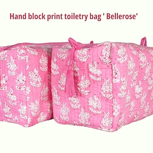 Gesteppte Kulturtasche Hand Block Gedruckt Rosa Kosmetiktasche für Frauen Waschtasche Make-up Tasche Wasserdichte Auskleidung Innentaschen Geschenk für Mama
