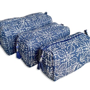Toiletry Bag Set: Hand Block Print, Cosmetic Bag, Makeup Bag, Wash Bag for Women, Travel Pouch, Waterproof Indigo