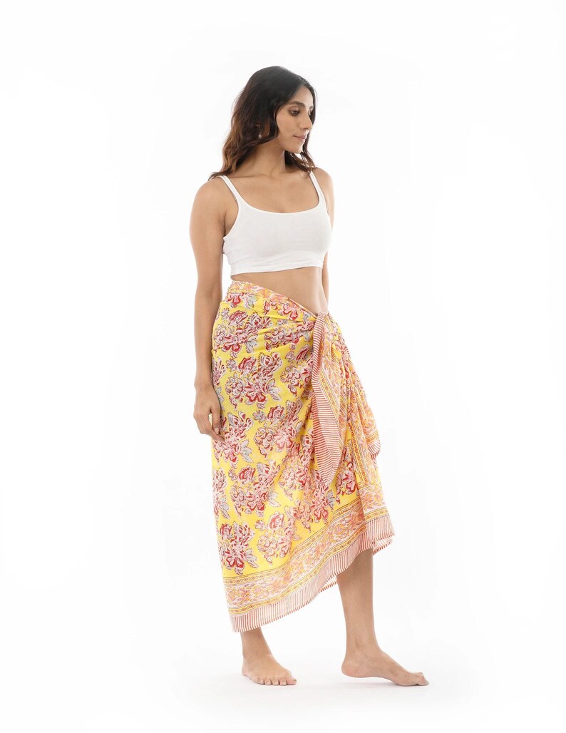 Pure cotton sarong, Hand block Print, Soft muslin, Peachy yellow, Pareo, Beach Cover up, Beach Wrap, Beach dress image 9