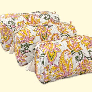 Toiletry Bag Set: Hand Block Print, Cosmetic Bag, Makeup Bag, Wash Bag for Women, Travel Pouch, Waterproof Yellow & Pink