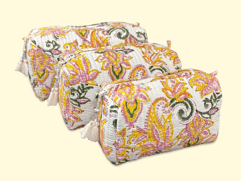 Toiletry Bag Set: Hand Block Print, Cosmetic Bag, Makeup Bag, Wash Bag for Women, Travel Pouch, Waterproof Yellow & Pink