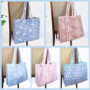 Chic gesteppte Tragetaschen für Frauen Handblockdruck Blumenmotive Weicher robuster Magnetverschluss Tasche XL Strandtasche Einkaufstasche Geschenk für sie
