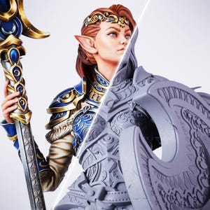 Könnte beinhalten: Eine geteilte Ansicht einer Elfenkrieger-Figur. Die linke Seite ist in Blau, Gold und Silber bemalt und zeigt den Elfen mit einem hohen, verzierten Stab. Die rechte Seite ist eine unbemalte, graue Harzversion mit detaillierter Rüstung und Schild.