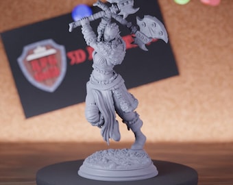 Orc Female Barbarian with Axes Miniature | 28mm-75mm | Resin 3D Printed D&D Pathfinder Mini | DMS