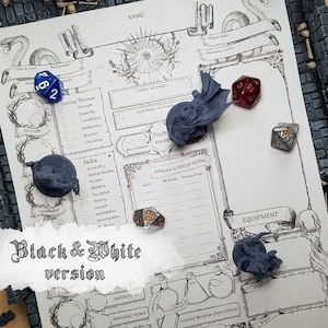 May include: A black and white character sheet for a tabletop role-playing game. The sheet includes sections for character name, class and level, background, saving throws, skills, attacks and spellcasting, equipment, and more. The sheet is printed on a white background with black ink.