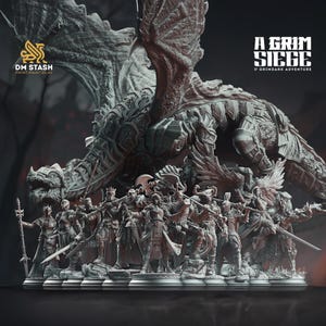 May include: A detailed grayscale sculpture of a dragon and a group of figures. The dragon has large wings and is positioned above the figures. The figures are holding weapons and are in various poses. The text "A Grim Siege" is visible.