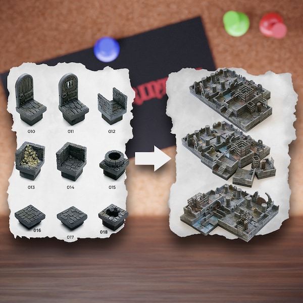 Modular Dungeon Terrain Tiles | Stone Ruins Dungeon Blocks | Bandit Tabletop Terrain | Pathfinder D&D 5e