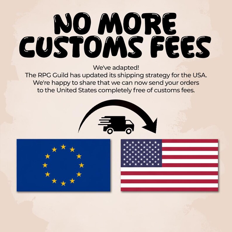 The image is a promotional graphic for a new shipping strategy by the RPG Guild, which allows sending orders to the United States without customs fees.