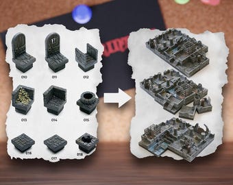 Modułowe kafelki terenu lochów | Bloki lochów kamiennych ruin | Teren stołu bandytów | Pathfinder D&D 5e
