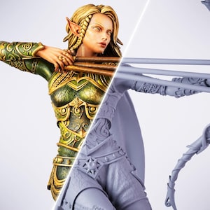 May include: A detailed figurine of an elf archer, featuring intricate armor in green and gold. The elf has long blonde hair and pointed ears, holding a bow and arrow. The figure is split, with one side painted and the other in a gray, unpainted state.