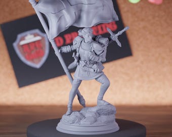 Human Adventurer with Banner Miniature | 28mm-75mm | Resin 3D Printed D&D Pathfinder Mini | DMS