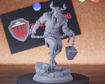 Minotaure avec chaîne miniature | 28 mm-75 mm | Mini D&D Pathfinder Mini imprimé en résine | DMS