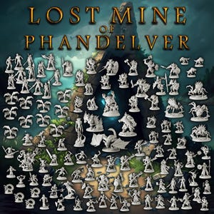 Könnte beinhalten: Eine Sammlung unbemalter grauer Miniaturfiguren vor einem dunklen, höhlenartigen Hintergrund mit dem Text LOST MINE OF PHANDELVER oben. Das Set enthält verschiedene humanoide Krieger, Monster, Spinnen und geflügelte Kreaturen.