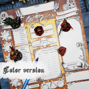 以下が含まれることがあります： スチームパンクをテーマにしたテーブルトップロールプレイングゲームのキャラクターシート。シートには、キャラクター名、セービングスロー、スキル、攻撃と呪文詠唱、装備など、さまざまな項目が記載されています。シートは、装飾的なボーダーが付いた茶色の紙に印刷されています。