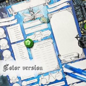 May include: A blue and white character sheet for a tabletop role-playing game. The sheet includes sections for name, level, background, alignment, saving throws, skills, attacks and spellcasting, death saves, equipment, and current and temporary hit points. The sheet also includes a space for a player's name and experience points. There are two green dice and a blue die on the sheet.