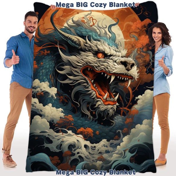 Cozy Japanese Dragon Throw Blanket, XL Mythical Creature Sofa Blanket, Anime Fan Bedding, Soft Sofa Lap Blanket, Mythology Lover Gift