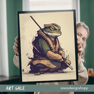 Japanese Inspired digital wall art - bring playful serenity to your living space, Frog as a Japanese Samurai, digital art print