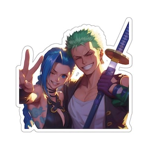 Anime Crossover Stickers, Zoro and Jinx Fanart, One Piece and Arcane Characters, Laptop Decal, Water Bottle Label, Cartoon Vinyl Meme, Car