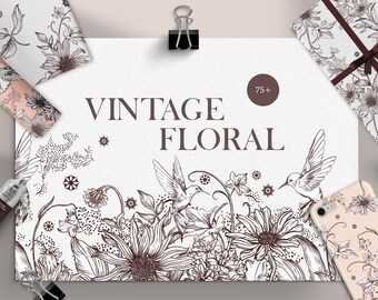 Vintage Floral Design Bundle, Vintage Line Floral Clipart, Vintage Flower Downloadable, Vintage Floral Tag, Bird Line Clipart