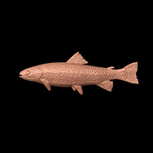 Pode incluir: Uma escultura de peixe de cor cobre com uma superfície detalhada e texturizada. O peixe está em posição de perfil lateral com a boca ligeiramente aberta.