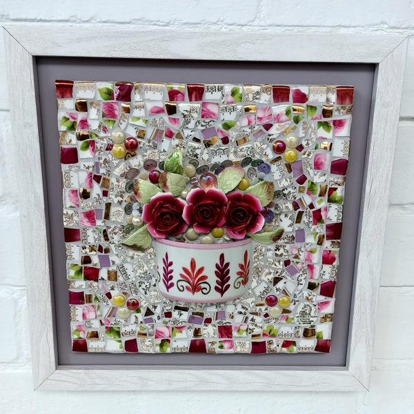 Vintage Coffee Cup & Roses Mosaic Wall Art