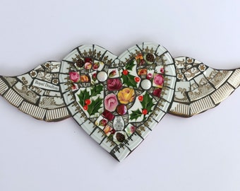 Mosaic Winged Heart - Roses and Stars