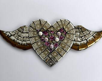 Mosaic Winged Heart with Violets
