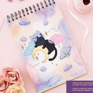 May include: A spiral bound notebook with a watercolor background featuring a black cat sleeping on a crescent moon. The cat has a pink bow and is surrounded by pastel clouds and planets with flowers.