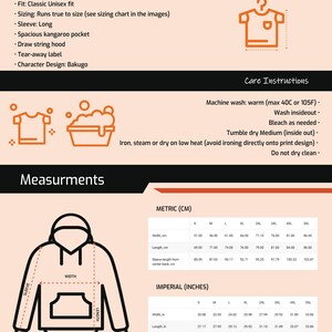 May include: A black and white illustration of a hooded sweatshirt with measurements in centimeters and inches for different sizes. The text "Measurements" is at the top of the image. The text "METRIC (CM)" and "IMPERIAL (INCHES)" are in the table headings.