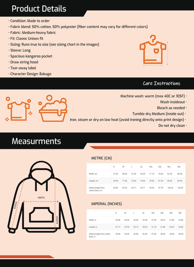 May include: A black and white illustration of a hooded sweatshirt with measurements in centimeters and inches for different sizes. The text "Measurements" is at the top of the image. The text "METRIC (CM)" and "IMPERIAL (INCHES)" are in the table headings.